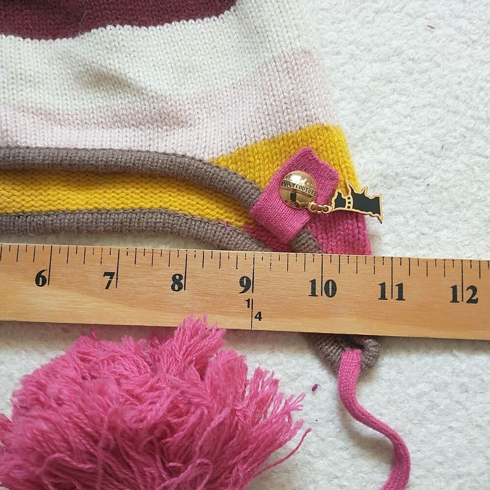 Juicy Couture Beanie Hat Girl Tassel Ear Flaps Knit Striped Wool Blend Dog Charm - Picture 6 of 7